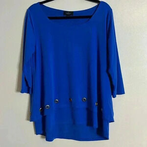 Belldini Blue 3/4 Sleeve Tunic Silver Grommet Trim Relaxed Casual Blouse Size M
